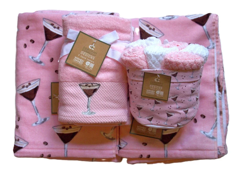 12 Pc Deborah Connolly Coffee Bean Martini Towel Set Bath Hand Washcloth/Holder